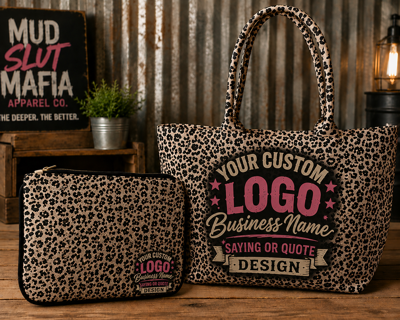 Leopard Canvas Print Tote bag and Zippered pouch set (customizable)